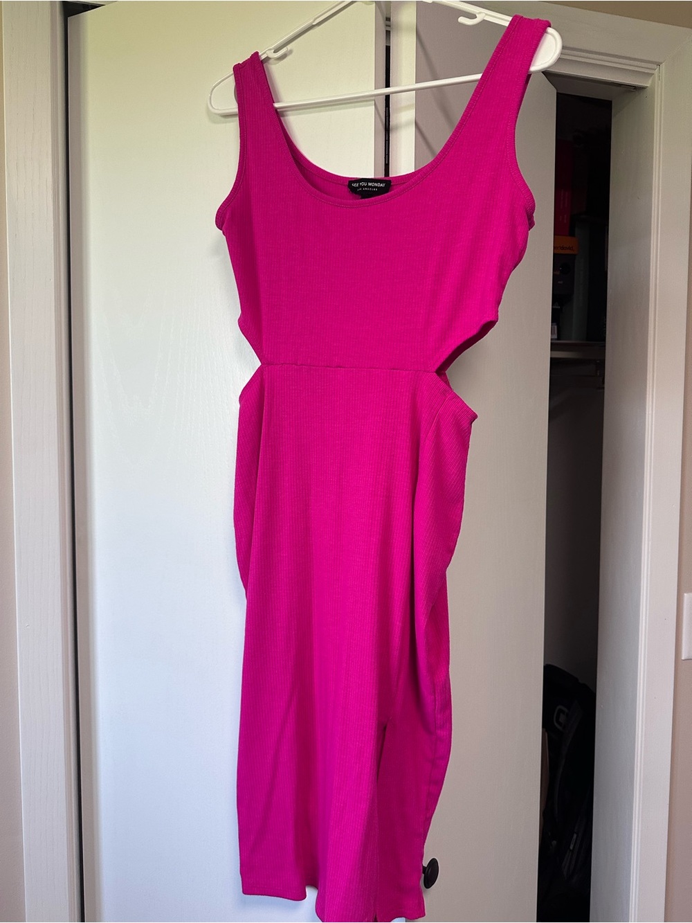See You Monday Hot Pink Cutout Ribbed Midi Dress